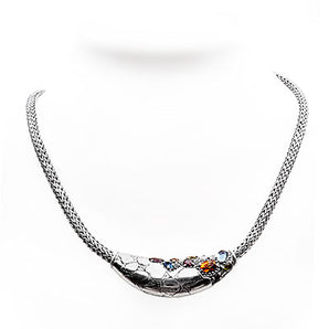 Silver Necklace Crocodile Motif Mixed Semi Precious Stones