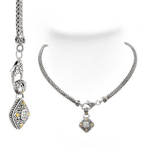 Silver & Gold Necklace Triple Chain, Diamond Balinese Motif