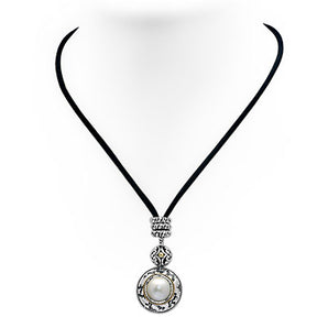 Silver & Gold Necklace White Mabe, Balinese Plaster Motif