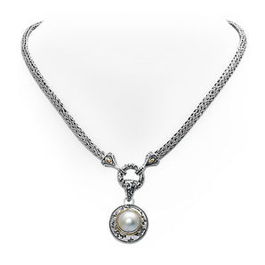 Silver & Gold Necklace Plaster Motif, White Mabe Pendant