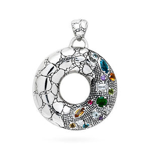 Silver Donut Pendant Crocodile Motif Mixed Semi Precious Stones