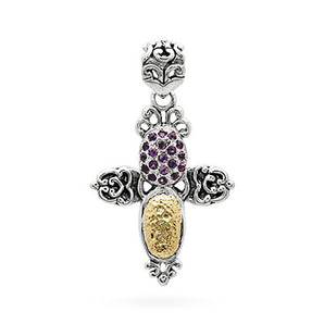 Gold & Silver Cross Pendant, Amethyst Pave
