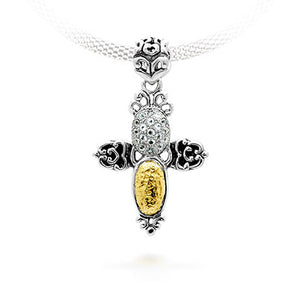 Gold & Silver Cross Pendant, White Topaz Pave