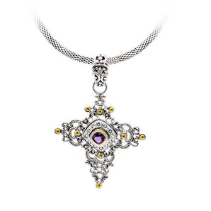 Gold & Silver Cross Pendant Bali Motif, Amethyst