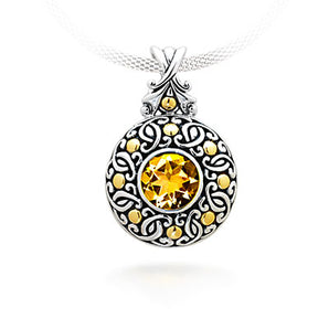 Silver & Gold Pendant Balinese Motif, Citrine Round