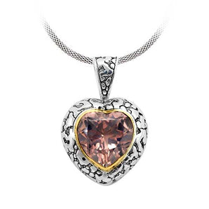 Silver & Gold Heart Pendant, Pink Quartz