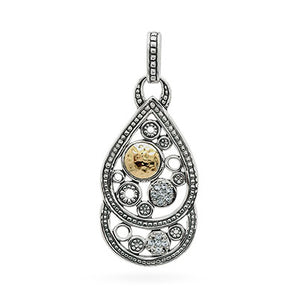 Silver & Gold Pendant Circle & Pear, White Topaz Pave