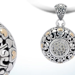 Gold & Silver Pendant Bali Motif, White Topaz Pave