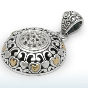 Gold & Silver Pendant Bali Motif, White Topaz Pave