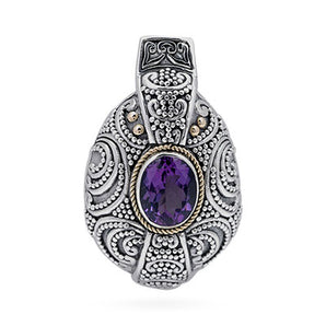 Gold & Silver Pendant, Balinese Jawan Motif Amethyst Quartz