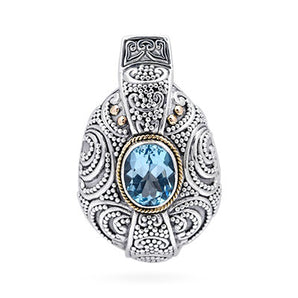 Gold & Silver Pendant, Balinese Jawan Motif Blue Topaz