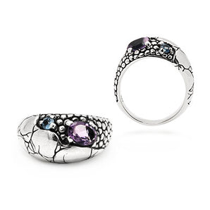 Silver Ring Crocodile Motif Amethyst Blue Topaz