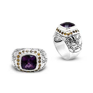 Silver Ring, Crocodile Skin Motif Amethyst & Citrine