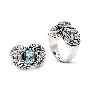 Silver Ring, Puzzle Motif Blue Topaz & CZ
