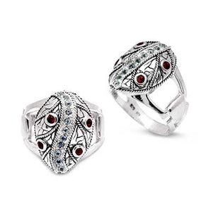 Silver Ring, Leaves Motif Garnet & Blue Topaz