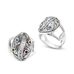 Silver Ring, Leaves Motif Mixed Semi-Precious Stones