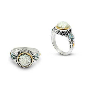 Gold & Silver Ring, Bali Motif MOP & Blue Topaz