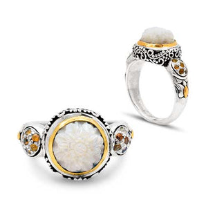 Gold & Silver Ring, Bali Motif MOP & Citrine Pave