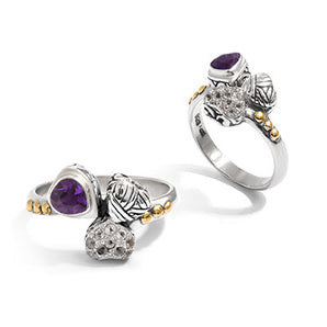 Gold & Silver Ring, Heart Garnet & White Topaz Pave