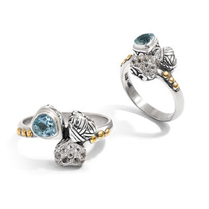 Gold & Silver Ring, Heart Shape Garnet & White Topaz