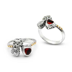 Gold & Silver Heart Ring, Garnet & White Topaz Pave