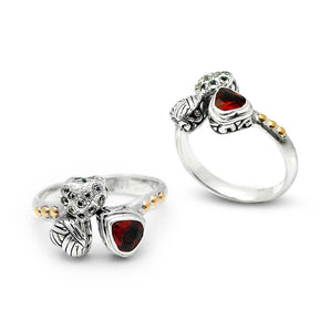 Gold & Silver Heart Ring, Garnet & White Topaz Pave