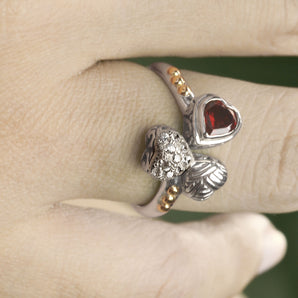 Gold & Silver Heart Ring, Garnet & White Topaz Pave