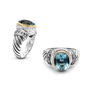 Silver & Gold Ring, 9x11mm Blue Topaz Cable Hammered Motif