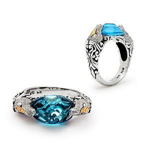 Gold & Silver Horse Ring Mega Mendung, Blue Quartz 10x14