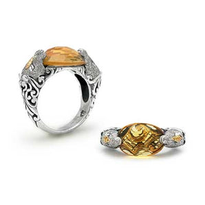 Gold & Silver Horse Ring Mega Mendung, Citrine Quartz 10x14