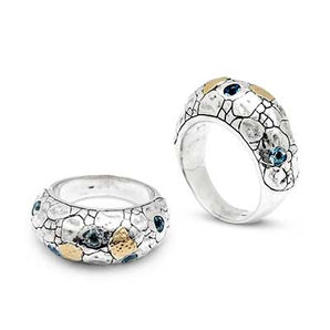 Gold & Silver Ring Crocodile Skin, Blue Topaz Sky Blue