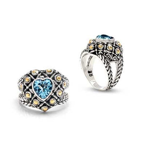 Silver & Gold Omega Ring Soka Balinese Flower, Blue Sky Topaz