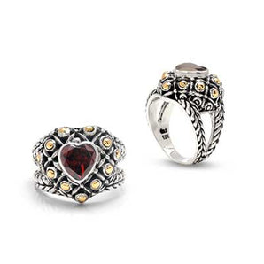 Silver & Gold Omega Ring Soka Balinese Flower, Garnet