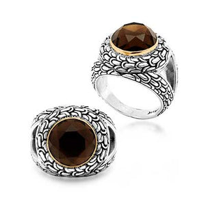 Gold & Silver Ring, 12mm Smoky Quartz Checkerboard Sisik Naga