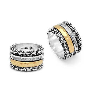 Gold & Silver Band Ring, Sisik Naga Motif White Topaz
