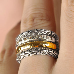 Gold & Silver Band Ring, Sisik Naga Motif White Topaz
