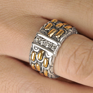 Gold & Silver Band, Sisik Naga White Topaz Pave