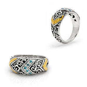 Gold & Silver Ring, Mega Mendung Collection Blue Topaz Swiss Pave
