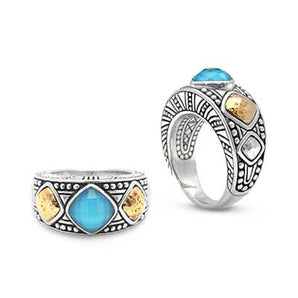 Gold & Silver Ring, 8mm Turquoise Crystal 18K Gold Accents