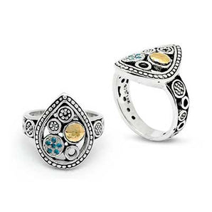 Silver & Gold Ring, Circle & Pear Motif Blue Topaz Pave