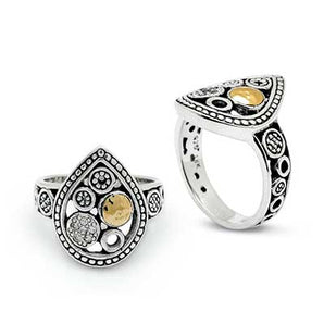 Silver & Gold Ring, Circle & Pear Motif White Topaz Pave