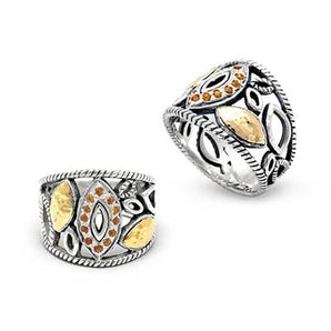 Gold & Silver Ring, Geometric Marquise Water Rope Citrine Pave