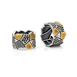 Gold & Silver Ring, Geometric Black Sapphire Pave