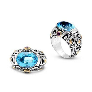 Silver & Gold Ring, Balinese Motif Amethyst & Blue Sky Topaz
