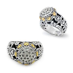 Gold & Silver Ring, Gold Heart Motif White Topaz Pave