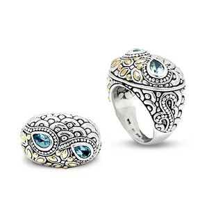 Silver & Gold Ring, Soka Flower & Wave Motif Blue Topaz
