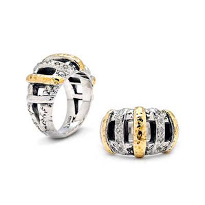 Gold & Silver Ring, Plaster Motif White Topaz Pave