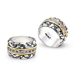 Gold & Silver Band Ring, Plaster Motif White Topaz Pave