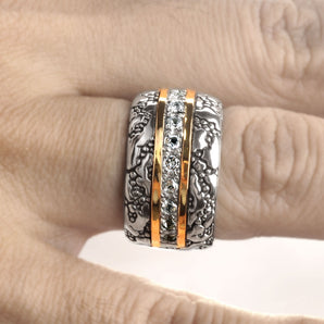 Gold & Silver Band Ring, Plaster Motif White Topaz Pave