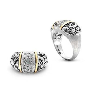 Silver & Gold Ring, Plaster Texture White Topaz Pave